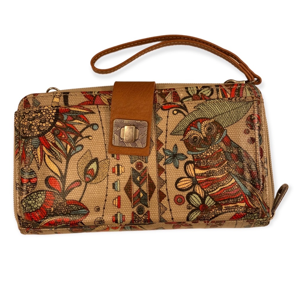 Wristlet Wallet with Colorful Owl & Floral Print - Brown